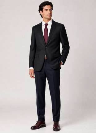 Giovanni Bresciani Mens Solid Black Notch Lapel Slim Fit 2-Button Wool Suit - 48R