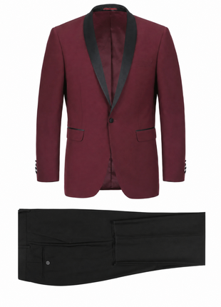 Raphael Solid Burgundy & Black Slim Fit With Black Satin Shawl Lapels Tuxedo Suit