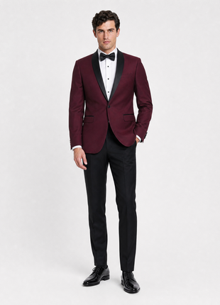 Raphael Solid Burgundy & Black Slim Fit With Black Satin Shawl Lapels Tuxedo Suit