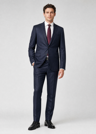 Roberto Cavalli Mens Dark Blue Tonal Stripe Notch Lapel Slim Fit 2-button Wool Suit - 42S