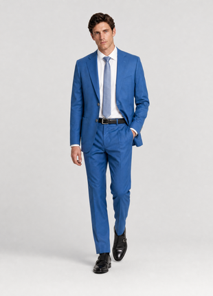 Mazara Mens Steel Blue Slim Fit Notch Lapels Patch Pockets Wool Stretch 2-Button Suit