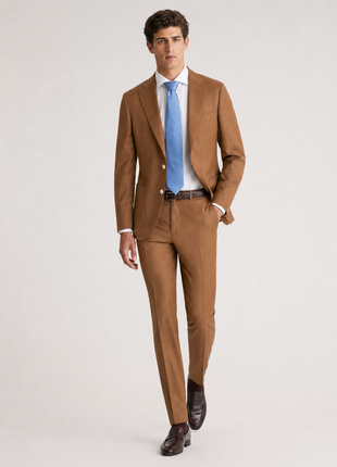 Mazara Mens Bronze Brown Slim Fit Notch Lapels Patch Pockets Wool Stretch 2-Button Suit