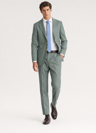 Mazara Mens Sage Green Classic Fit Notch Lapels Patch Pockets Wool Stretch 2-Button Suit