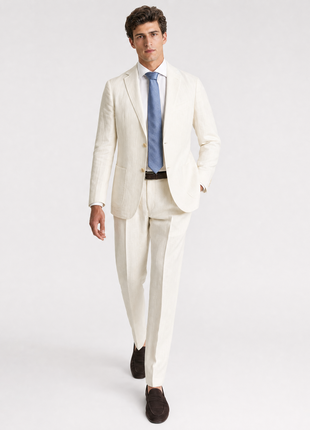 Blujacket Mens Solid Cream 100% Linen 1/4 Lined Trim Fit 2 Piece Suit