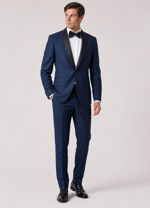 Profile Black Solid Navy Satin Shawl Lapel Slim Fit 2-Button Tuxedo - 42S