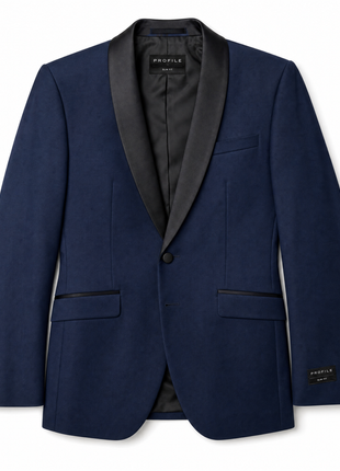 Profile Black Solid Navy Satin Shawl Lapel Slim Fit 2-Button Tuxedo - 38S