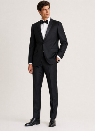 Profile Black Solid Black Satin Notch Lapel Slim Fit 2-Button Tuxedo - 44S