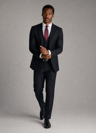 Ralph Lauren Purple Label Mens Black Herringbone Notch Lapel Slim Fit 3-Piece Wool Suit - 38R