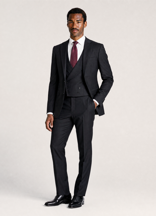 Ralph Lauren Purple Label Mens Black Herringbone Notch Lapel Slim Fit 3-Piece Wool Suit - 38R