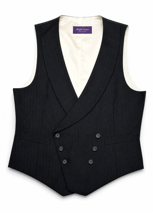 Ralph Lauren Purple Label Mens Black Herringbone Notch Lapel Slim Fit 3-Piece Wool Suit - 38R