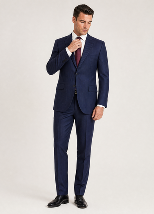 Ralph Lauren Purple Label Mens Navy Pinstriped Notch Lapel Classic Fit 2-Button Wool Suit - 44L