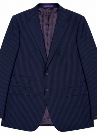 Ralph Lauren Purple Label Mens Navy Pinstriped Notch Lapel Classic Fit 2-Button Wool Suit - 44L