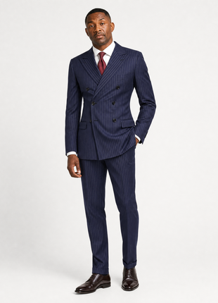 Ralph Lauren Purple Label Mens Navy Pinstripe Peak Lapel Slim Fit Double-Breasted Wool Suit - 38L