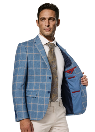 LVs by Levinas Sky Blue and Sand Windowpane Classic Fit 2-Buttons Sport Coat 38S