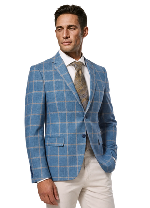 LVs by Levinas Sky Blue and Sand Windowpane Classic Fit 2-Buttons Sport Coat 38S