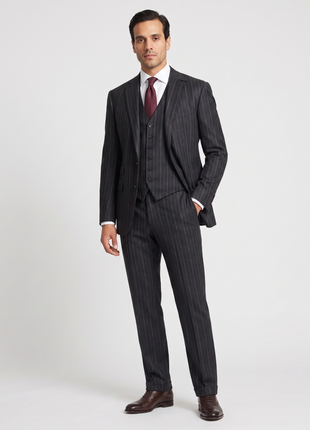 Ralph Lauren Purple Label Mens Charcoal Chalk Stripe Notch Lapel Slim Fit 3-Piece Cashmere Suit - 38L