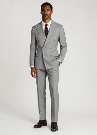 Ralph Lauren Purple Label Mens Solid Gray Peak Lapel Slim Fit Double-Breasted Wool Suit - 38R