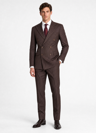 Ralph Lauren Purple Label Mens Brown Pinstripe Peak Lapel Slim Fit Double-Breasted Wool Suit - 38R
