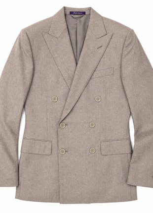 Ralph Lauren Purple Label Taupe Gray Heathered Peak Lapel Slim Fit Double-Breasted Wool Suit - 38R