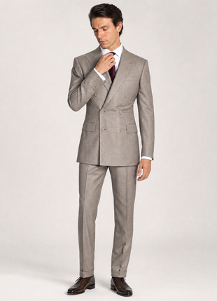 Ralph Lauren Purple Label Taupe Gray Heathered Peak Lapel Slim Fit Double-Breasted Wool Suit - 38R
