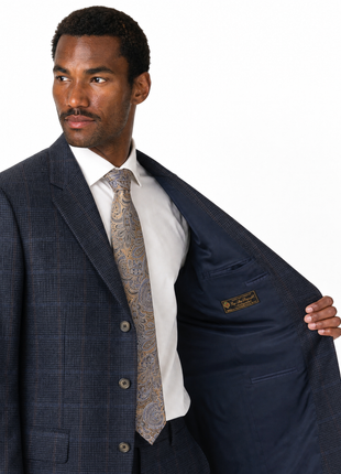 Zanella Navy Blue with Sand Windowpane Loro Piana Wool Classic Fit 3-Button Sport Coat 40R