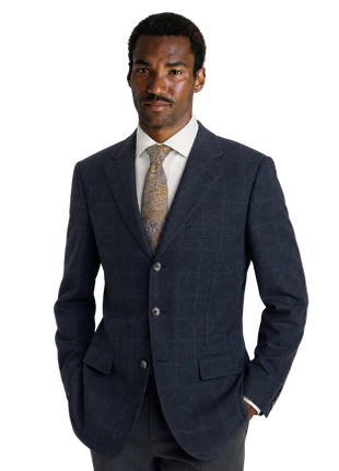 Zanella Navy Blue with Sand Windowpane Loro Piana Wool Classic Fit 3-Button Sport Coat 40R