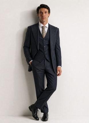 Ralph Lauren Purple Label Mens Charcoal Grid Check Peak Lapel Slim Fit 3-Piece Wool Suit - 38L