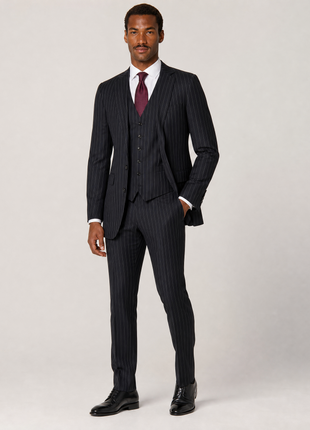 Ralph Lauren Purple Label Mens Black Pinstripe Notch Lapel Slim Fit 3-Piece Wool Suit - 38R