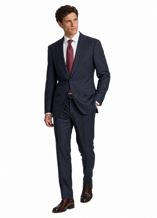 Ralph Lauren Black Label Dark Blue Pinstripe Peak Lapel Slim Fit 2-Button Wool Suit - 38R