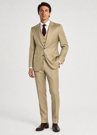 Ralph Lauren Purple Label Solid Tan Peak Lapel Slim Fit 3-Piece Silk Suit - 40R
