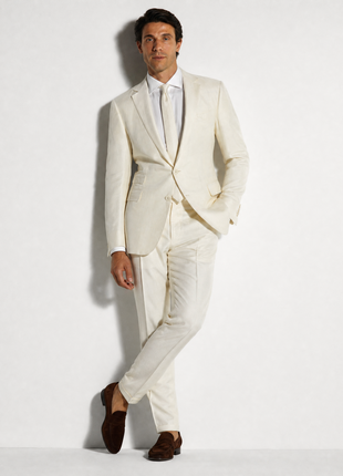 Ralph Lauren Purple Label Solid Ivory Notch Lapel Slim Fit 2-Button Silk Suit - 38R