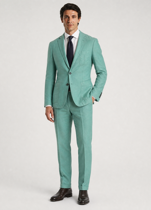 Ralph Lauren Purple Label Aquamarine Green Safari Notch Lapel Slim Fit 2-Button Silk Linen Suit - 38L