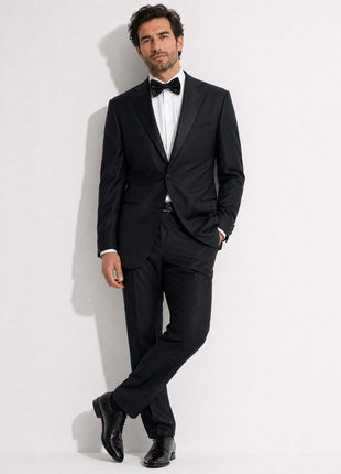 Luigi Bianchi Mantova Solid Black Satin Notch Lapel Classic Fit 2-Button Tuxedo - 48R