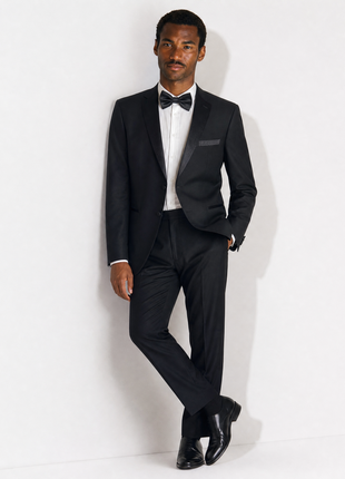 Luciano Bardelli Solid Black Satin Notch Lapel Classic Fit 2-Button Australian Wool Tuxedo - 44R
