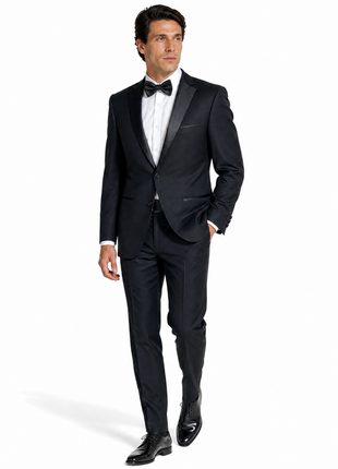 Bresciani Solid Black Satin Notch Lapel Classic Fit 2-Button Wool Tuxedo - 42S