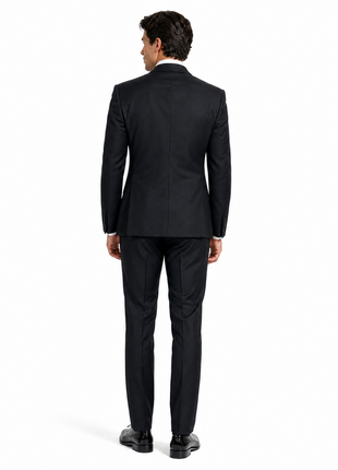 Bresciani Solid Black Satin Notch Lapel Classic Fit 2-Button Wool Tuxedo - 42S