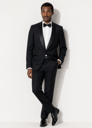Bresciani Solid Black Satin Shawl Lapel Classic Fit 2-Button Wool Tuxedo - 44S