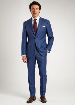 Napoli Blue Textured Notch Lapel Slim Fit 2-Button Wool Suit - 40L