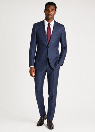 Napoli Navy Blue Tonal Check Notch Lapel Classic Fit 2-Button Wool Suit - 40L