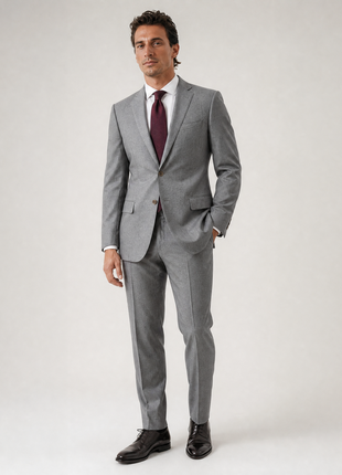 John Varvatos Light Gray Textured Flannel Peak Lapel Classic Fit 2-Button Wool Stretch Suit - 40L
