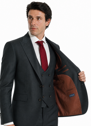 Tovaglia Mens Solid Dark Green Slim Fit Peak Lapel Wool 3 Piece Suit