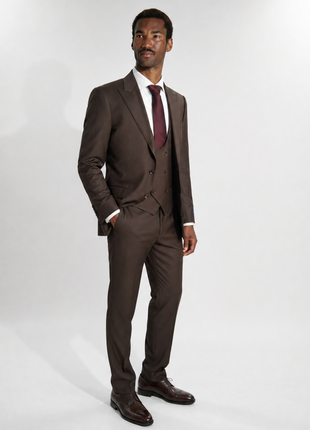 Tovaglia Mens Solid Dark Brown Slim Fit Peak Lapel Wool 3 Piece Suit