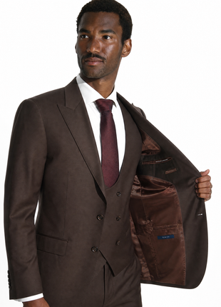 Tovaglia Mens Solid Dark Brown Slim Fit Peak Lapel Wool 3 Piece Suit