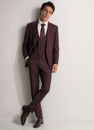 Tovaglia Mens Solid Dark Burgundy Slim Fit Peak Lapel Wool 3 Piece Suit