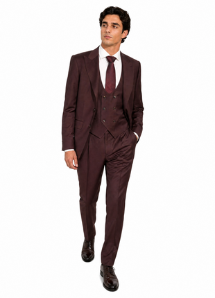 Tovaglia Mens Solid Dark Burgundy Classic Fit Peak Lapel Wool 3 Piece Suit