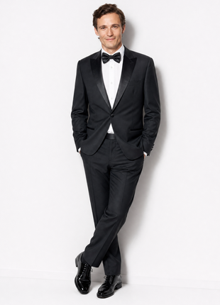 Napoli Solid Black Satin Peak Lapel Classic Fit 1-Button Tuxedo - 48R