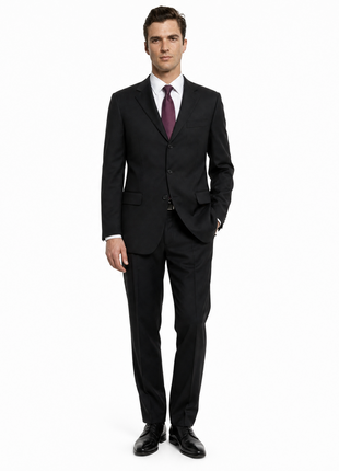 Faconnable Solid Black Notch Lapel Classic Fit 3-Button Pleated Pants Wool Suit - 46L