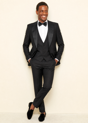 Edgers Ceremony Solid Black Satin Peak Lapel Slim Fit 3-Piece Tuxedo - 40R