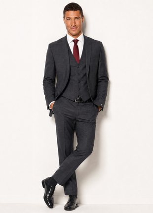 Michael Kors Charcoal & Blue Windowpane Notch Lapel Classic Fit 3-Piece Wool Suit - 38S