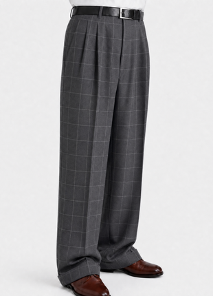 Mazara Mens Black With Gray Windowpane Wide Leg Pleated Wool Dress Pants